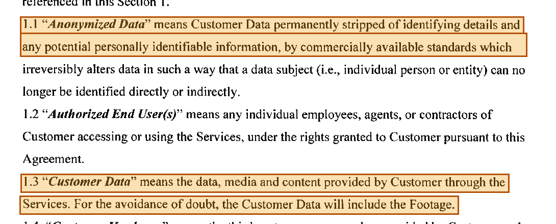 Highlighted contract text defining Anonymized Data and Customer Data, including that Customer Data includes Footage.