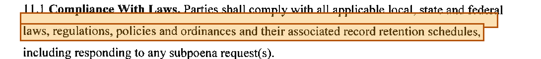 Highlighted contract text requiring compliance with applicable laws, regulations, policies, ordinances, and record retention schedules.