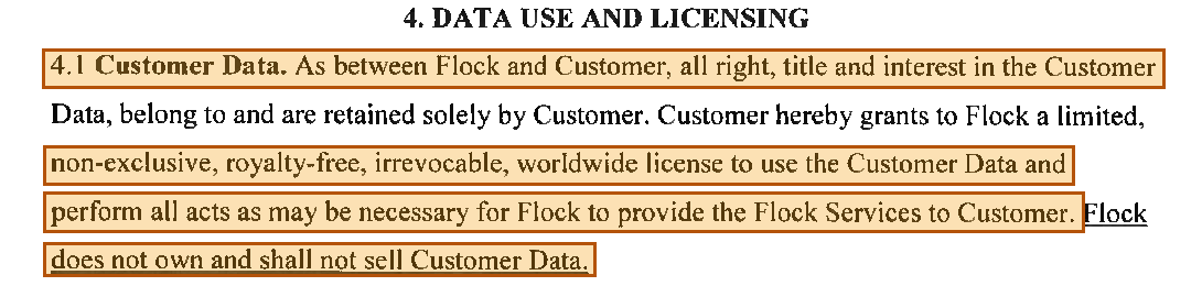 Highlighted contract text granting Flock a non-exclusive, royalty-free, irrevocable, worldwide license to use Customer Data.