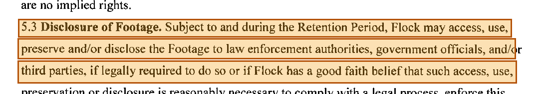 Highlighted contract text allowing Flock to access, use, preserve, or disclose Footage under certain circumstances.