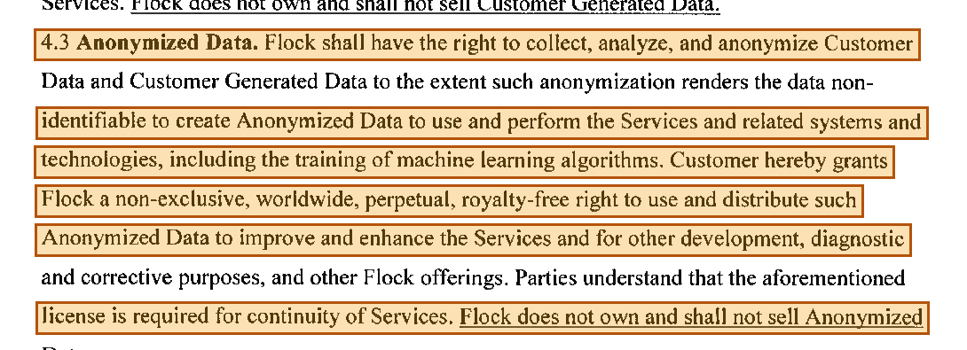 Highlighted contract text allowing Flock to collect, analyze, anonymize, use, distribute, and train machine learning algorithms with Anonymized Data.