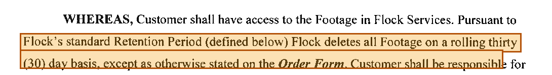 Highlighted contract text stating Flock deletes all Footage on a rolling thirty day basis.
