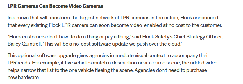 Graphic warning that Flock automated license plate reader cameras can also become video cameras.
