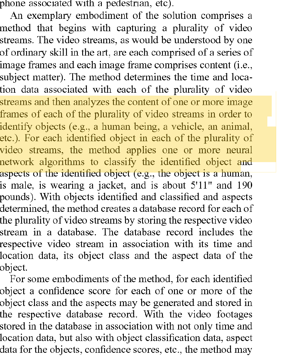Patent text describing identifying objects including a human being, vehicle, or animal and classifying aspects of the identified object.