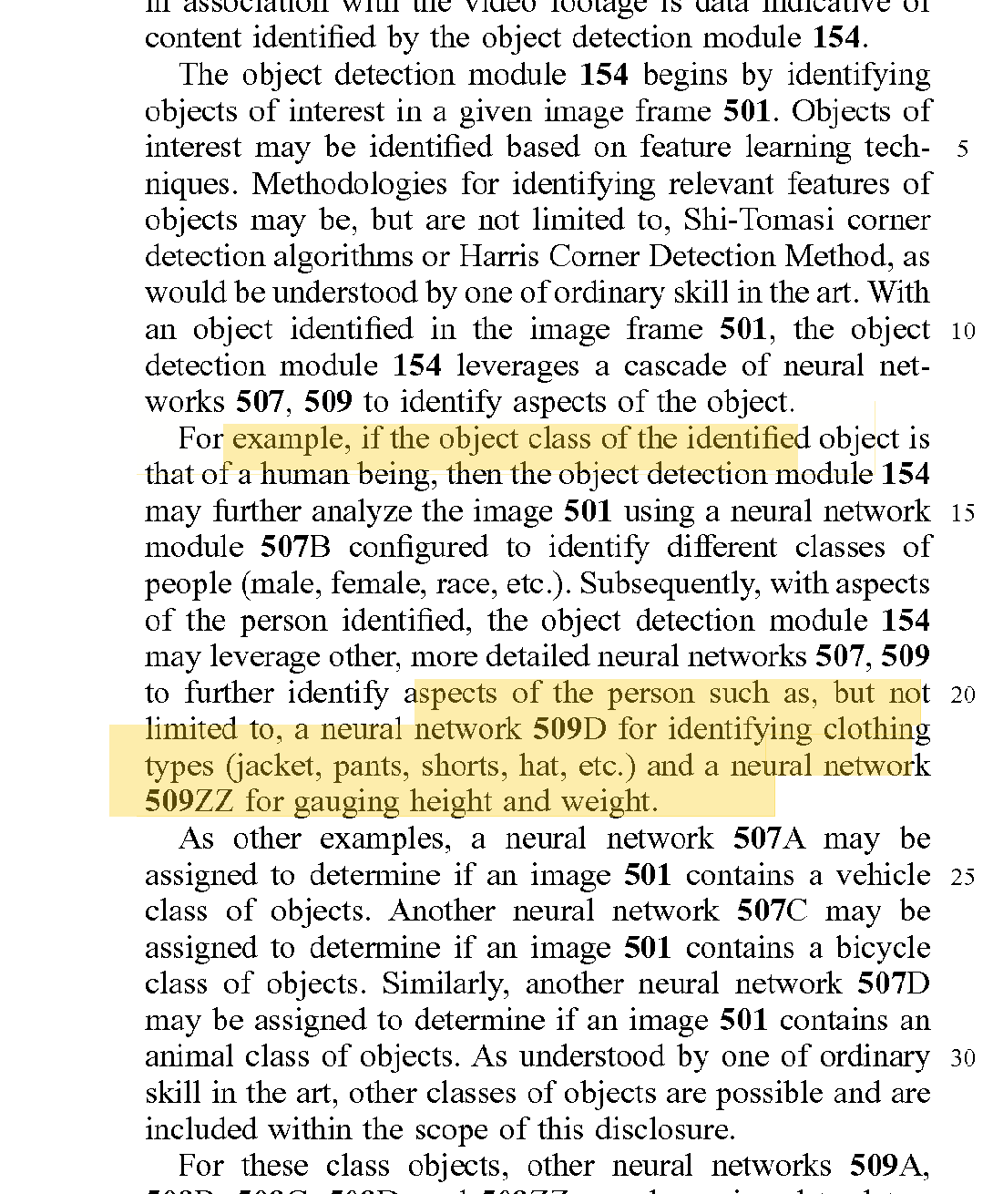 Patent text listing male, female, race, clothing types, and height and weight as person attribute examples.