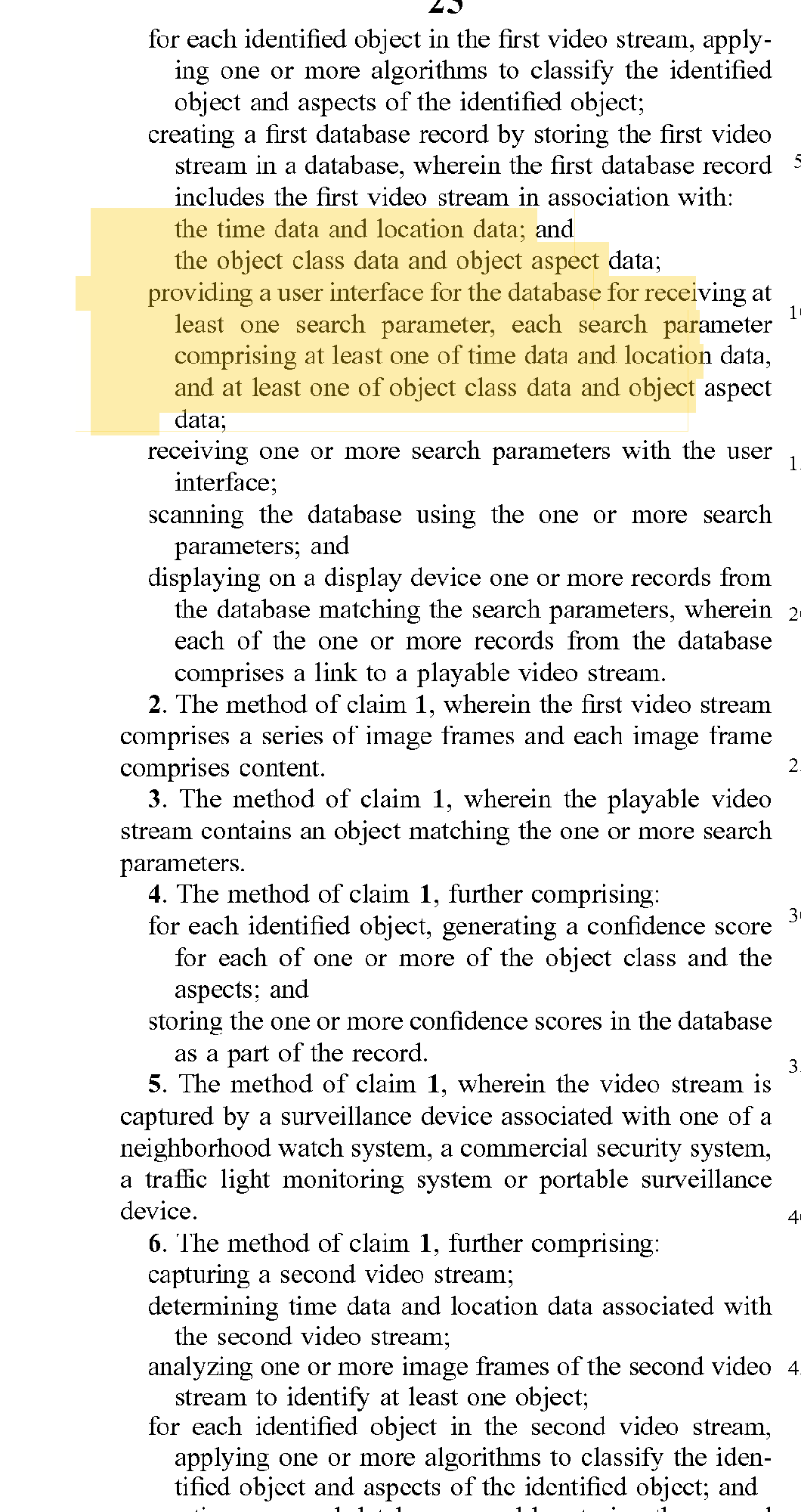 Patent claim text describing storage of video with time and location data, object class data, object aspect data, and database search parameters.